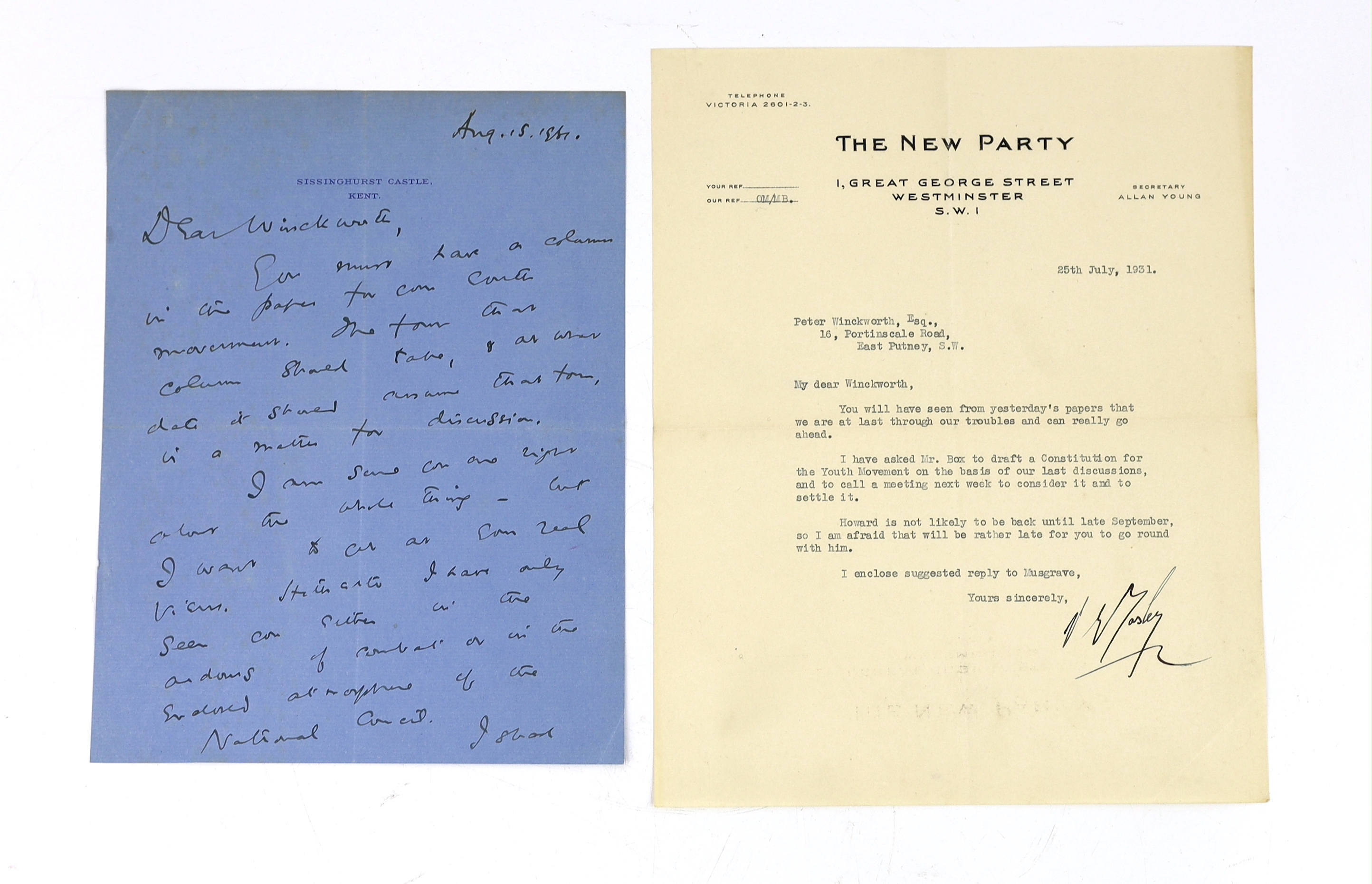 Oswald Mosley, Harold Nicolson, Cyril Joad and The New Party, 1931; six letters to Peter Winckworth, July – September 1931